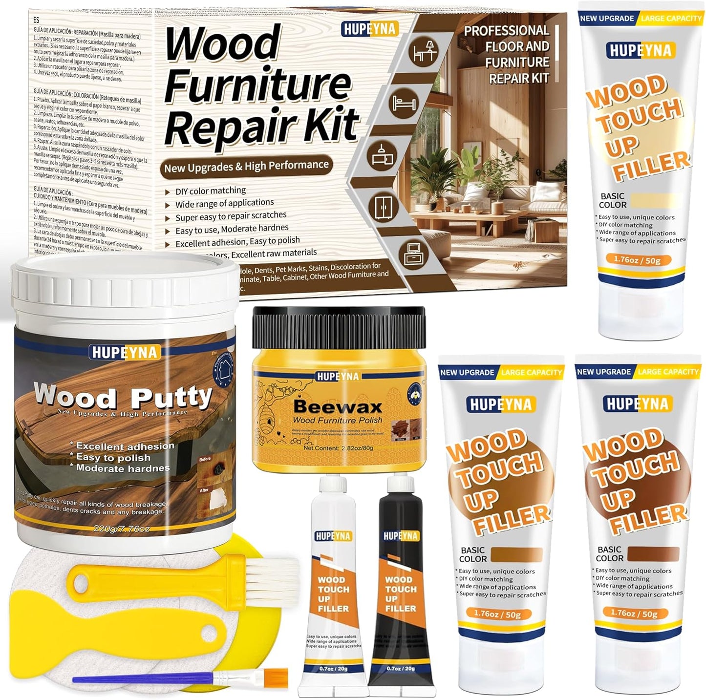 Wood Repair Kit, Wood Furniture Repair Kit, Wood Filler, Wood Putty and Beeswax- Repair Stains, Scratch, Cracks, Hole, Discoloration for Wooden Door, Table, Cabinet, Bed, Floor (Natural Wood Series)