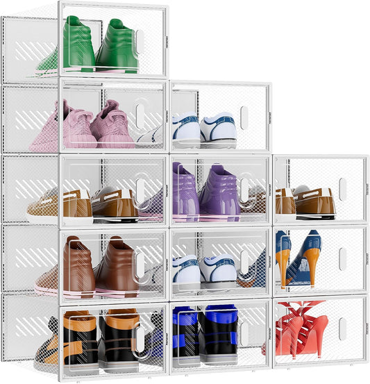 BALEINE 12 Pack Stackable Shoe Storage Boxes Fit Size 11, Thickened Clear Shoe Box Bins with Lids, Plastic Foldable Organizer Sneaker Storage Containers (X-Large, White)
