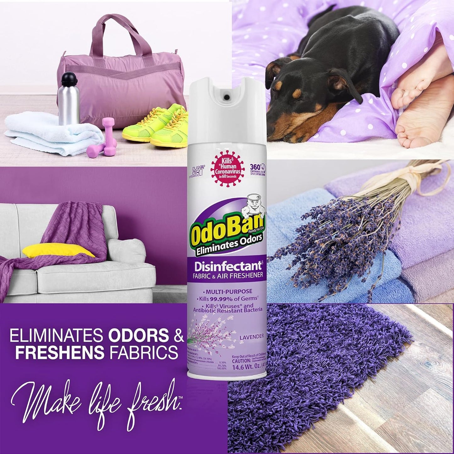 OdoBan Ready-to-Use Disinfectant and Harsh Aroma Eliminator, Cleaner and Fabric/Air Freshener, Set of 2, 14.6 Ounce 360-Degree Continuous Spray and 32 Ounce Trigger Spray, Lavender Scent