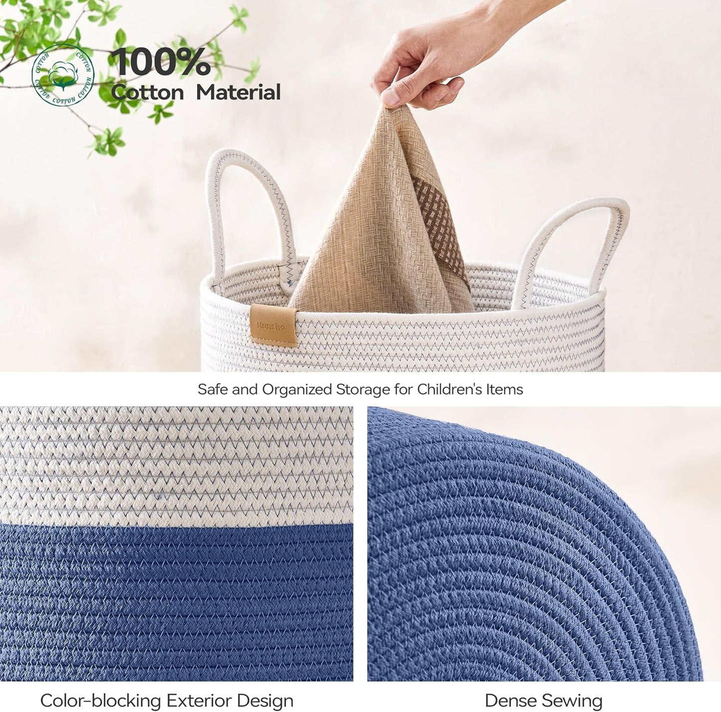 Laundry Hamper 62L,Large Laundry Basket for Clothes,Decorative Storage Basket for Blankets,Cotton Rope Woven basket for bedroom,Navy Blue