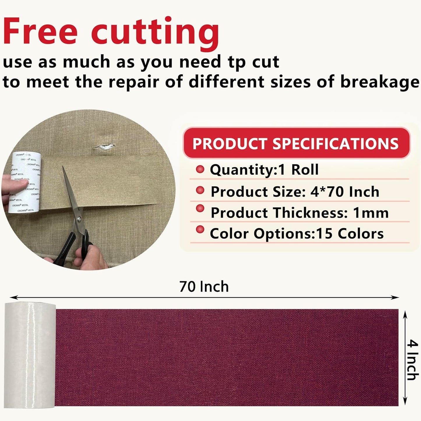 Linen Repair Tape 4x70 Inch Self-Adhesive Couch Patch Repair Fabric Patch for Furniture,Sofas,Cushion,Chairs,Bags,Linen Goods(Burgundy)