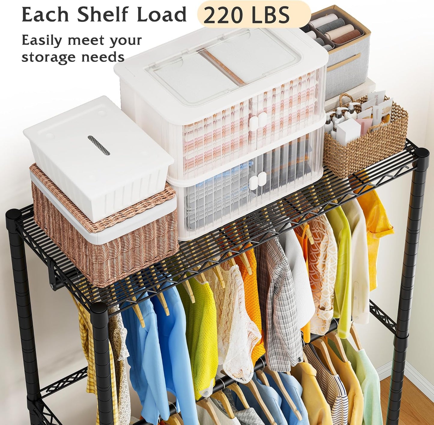 Raybee Heavy Duty Clothing Rack with Wheels,Rolling Clothes Rack for Hanging Clothes,Portable,2 Shelves,Black