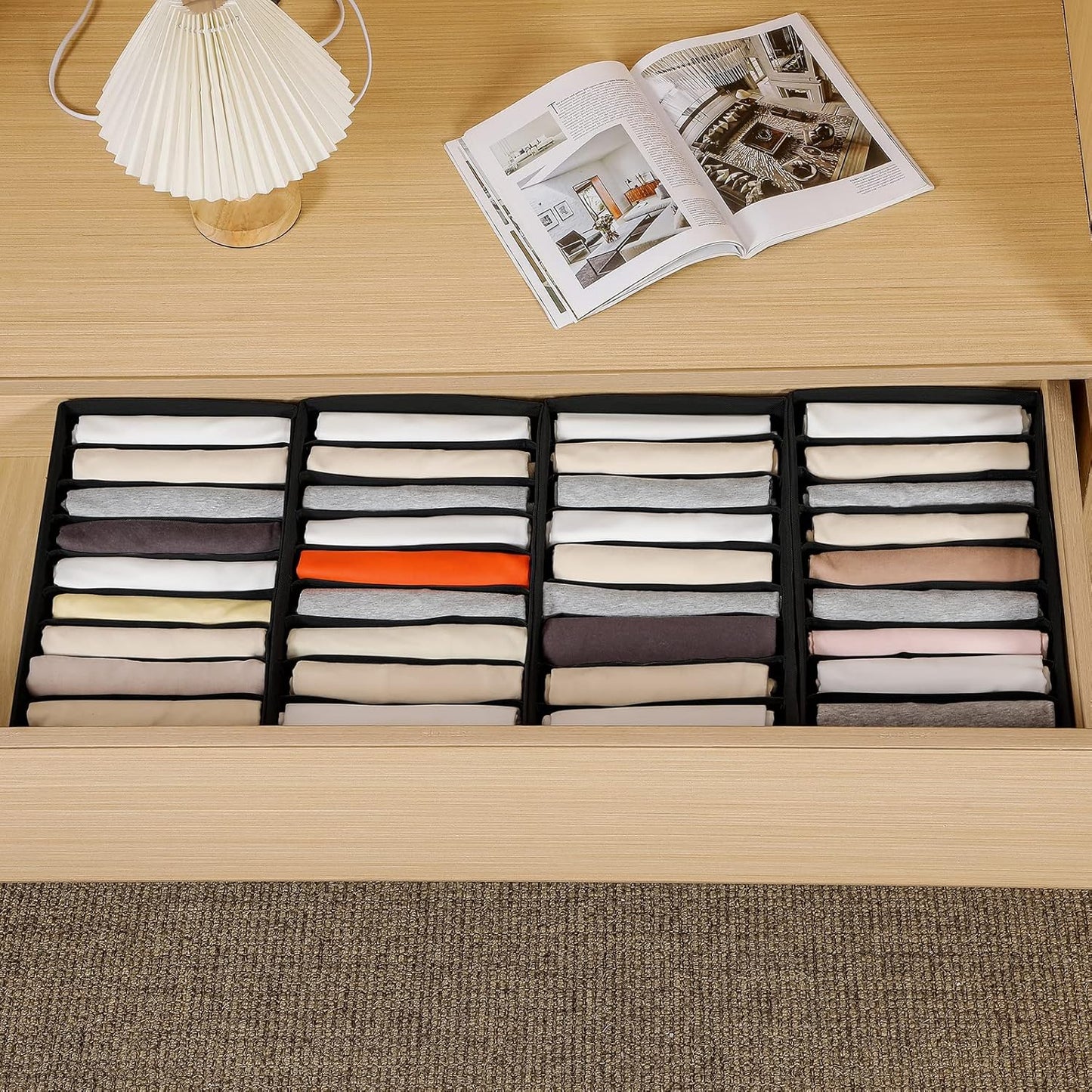 4 Packs T-shirt Drawer Organizers for Clothing,10 Grids Compartment Wardrobe Storage Box, Washable Clothes Organizer for Folded Clothes, T-shirt, Legging-Black