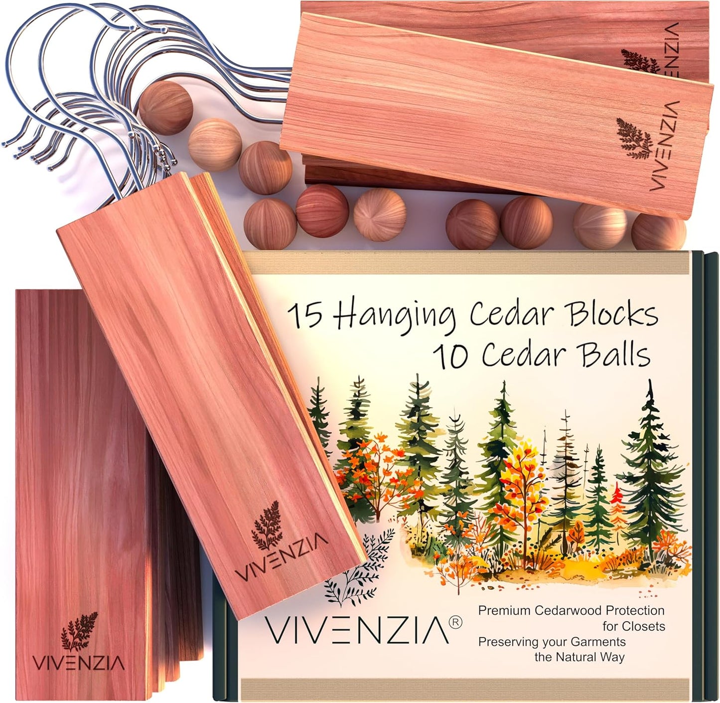 Cedar Blocks for Clothes Storage -25 pcs (15 Hang-ups & 10 Balls)- Hanging Cedar Planks, Natural Closet Smell Eliminator, Natural Closet Deodorizer, Drawer Fresheners for Dresser.