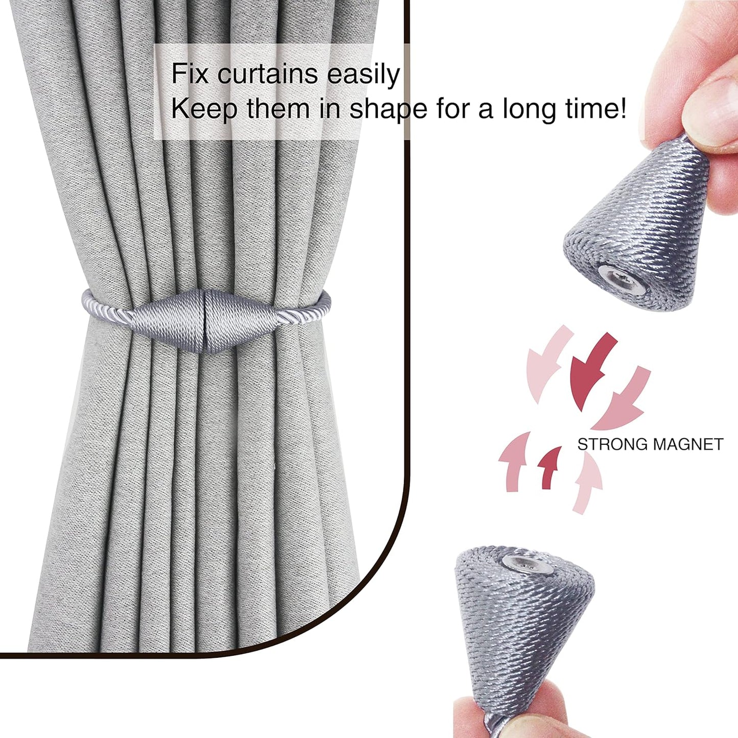 2 Pack Magnetic Curtain Tiebacks Rope Modern Handmade Curtain Tie Backs Decorative Drapes Weave Holdbacks for Window Décor, Grey