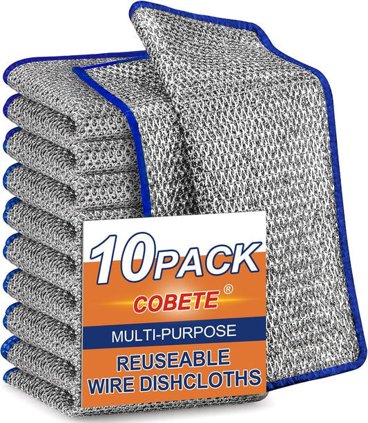 COBETE Non Scratch Wire Dishcloth,Double-Layer Wire Dishwashing Rags for Wet and Dry,Wire Miracle Cleaning Towels and dish Cloths Multipurpose For Washing Dishes,Cookware, Sinks,Stove Tops,10Pack Blue