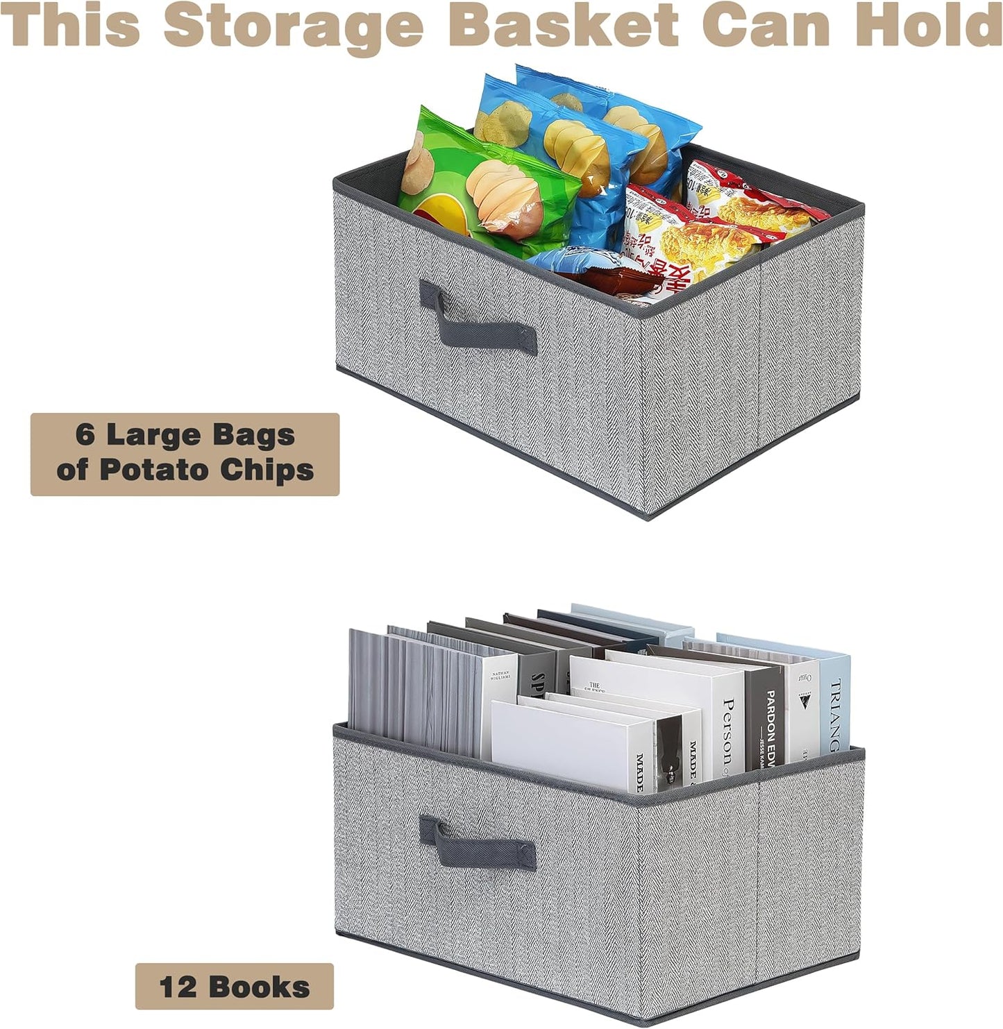Storage Baskets, 15.7 Inch Woven Fabric Bins, Storage Cubes with Reinforced Handles, Organizer Bins for Closet Shelves, Foldable, for Toys, Clothes, Natural Beige (4PCS/Grey-15.7*11*7.8inch)