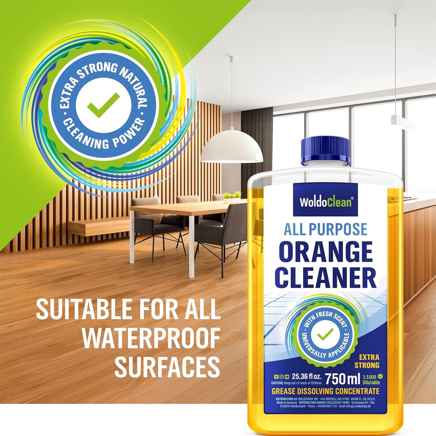 WoldoClean Orange Oil Cleaner Concentrated 25.36 fl oz (1 : 1000) - makes up to 200 Gallons Multi-Use Adhesive & Grease Remover, Custom-Dilution Citrus Degreaser for Floors, Kitchen & Bath