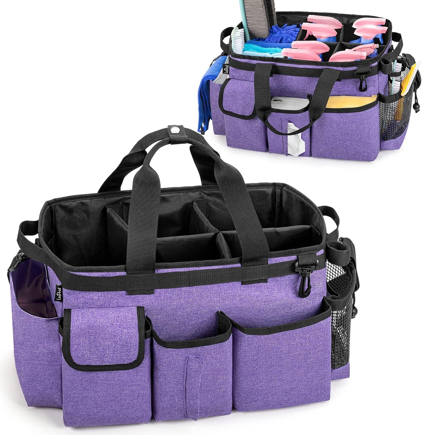 LoDrid Large Wearable Cleaning Caddy Bag with Detachable Divider, Cleaning Supply Tote Organizer with Handles and Adjustable Shoulder Strap for Cleaners & Housekeepers, Purple