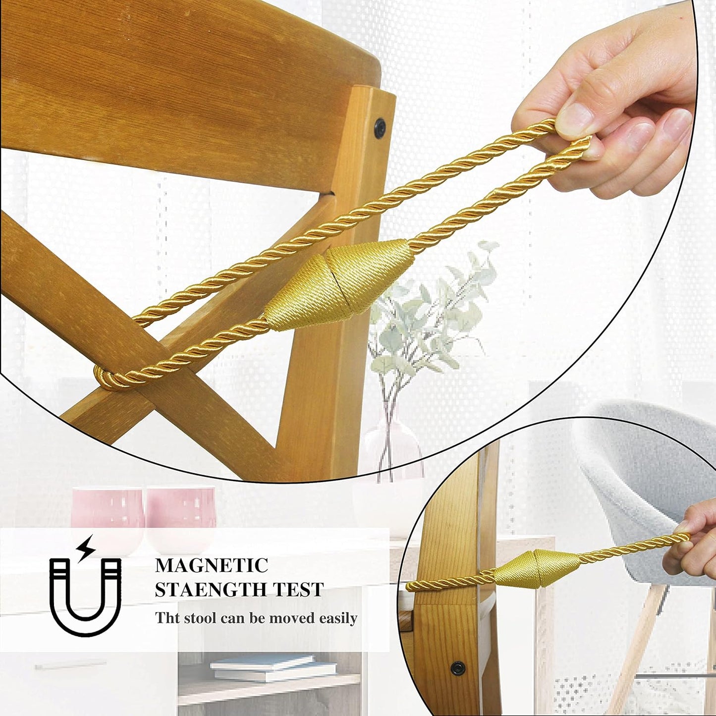 2 Pack Magnetic Curtain Tiebacks Rope Modern Handmade Curtain Tie Backs Decorative Drapes Weave Holdbacks for Window Décor, Gold