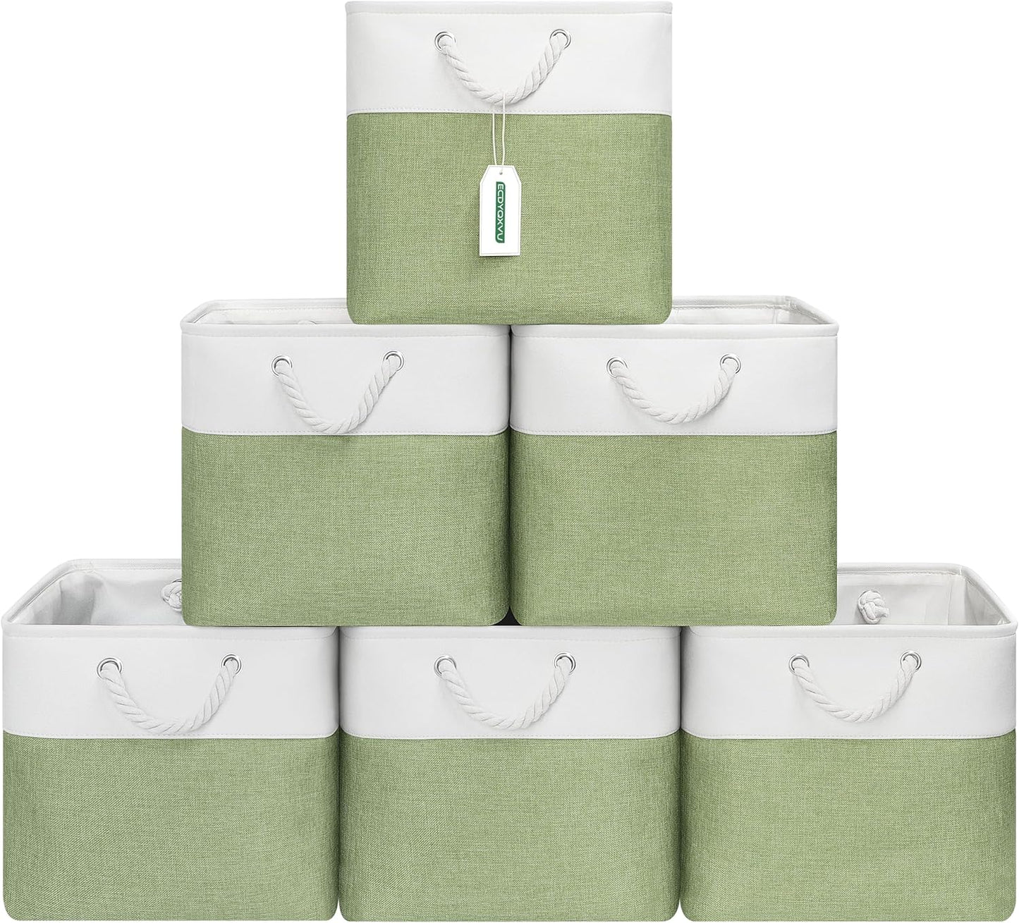 13x13 Inch Cube Storage Bins with Reinforced Bottom Cardboard, 6 Pack Large Collapsible Fabric Storage Cubes with Handles for Shelf, Closet, Toy, Laundry Organization (White&Green)