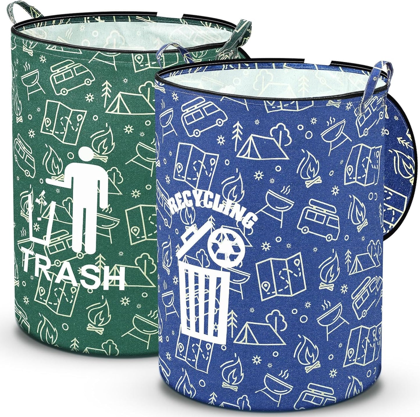 2 Pack Collapsible Trash Can Camping with Zippered Lid Foldable Storage Bin Portable Garbage Can for Outdoor Camping RV's Yard Waste (Trash and Recycling Style)