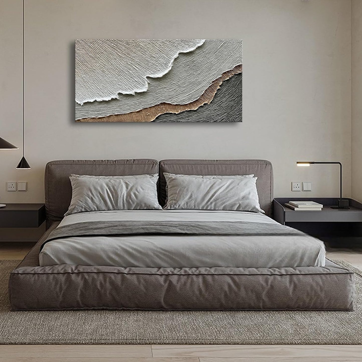 NANKAI Thick Texture Abstract Oil Painting Hand-Painted Beach Wave Landscape Oil Painting Family Wall Decorative Art 24x48 Inch