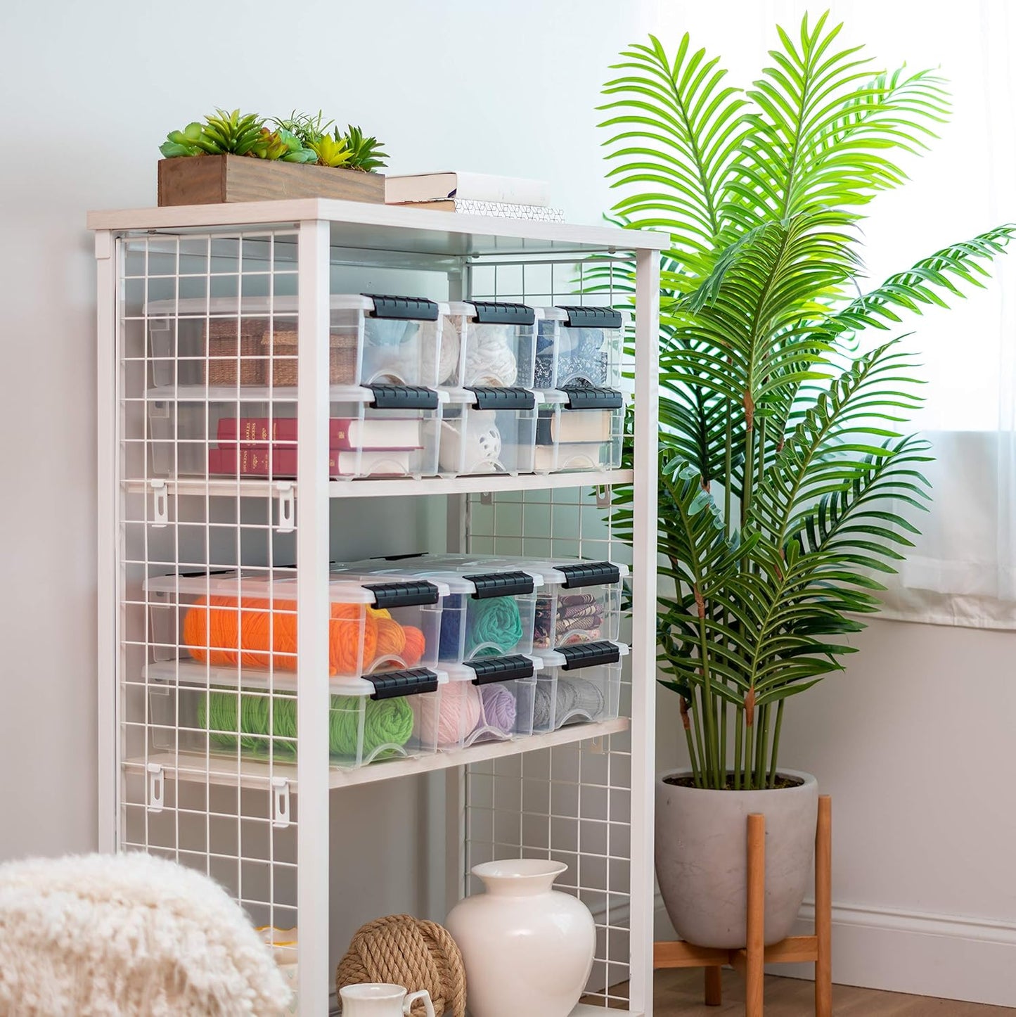 IRIS USA 6 Quart Stackable Plastic Storage Bins with Lids, 3 Pack - BPA-Free, Made in USA - See-Through Organizing Solution, Latches, Durable Nestable Containers, Secure Pull Handle - Clear/Black