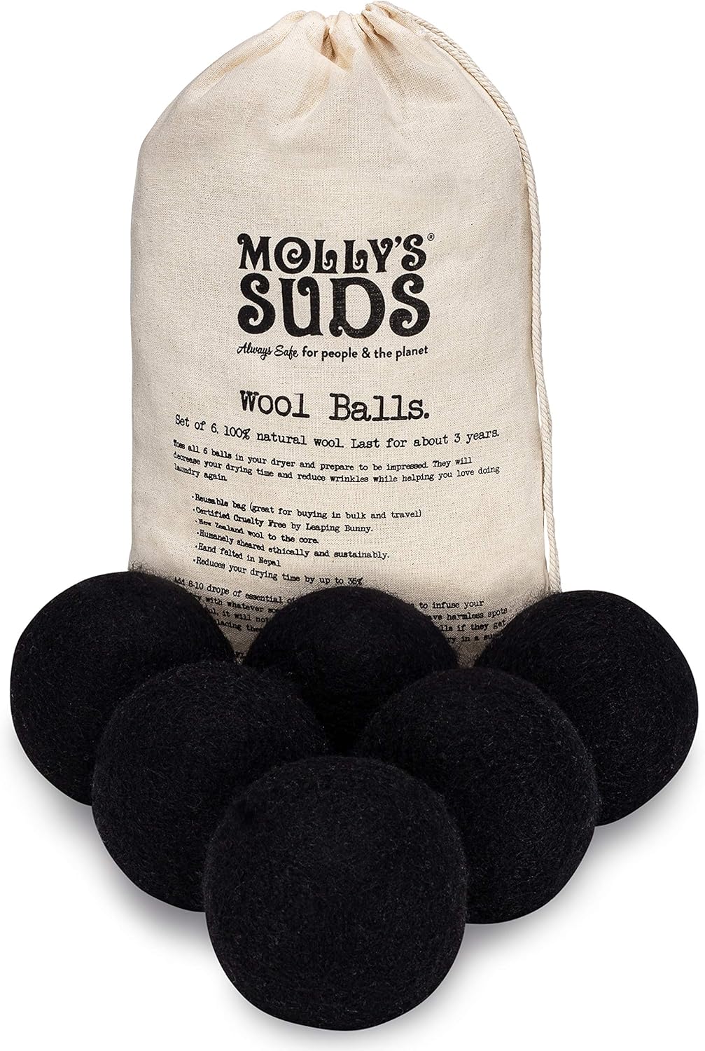 Molly's Suds Wool Dryer Balls | XL, Premium Organic Fabric Softener, Hypoallergenic, Hand-Felted, Reusable, Reduce Drying Time | Black, Set of 6
