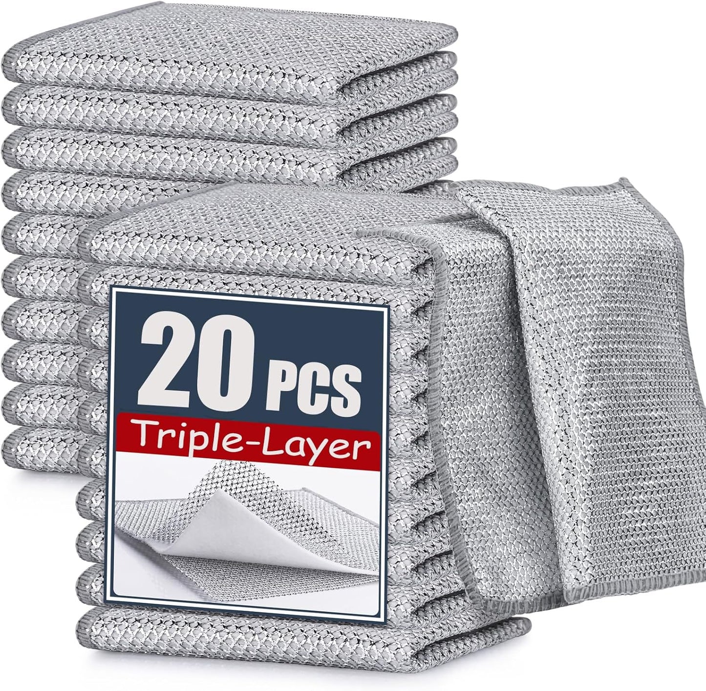 Navona 20 Pcs New Upgrade Steel Wire Dishcloth,Triple-Layer Steel Wire Cleaning Cloth,Powerful Cleaning Non-Scratch Wire Dishcloth Rag for Cookware, Sinks, Dishes, Stove Tops, 20pack, NA-608