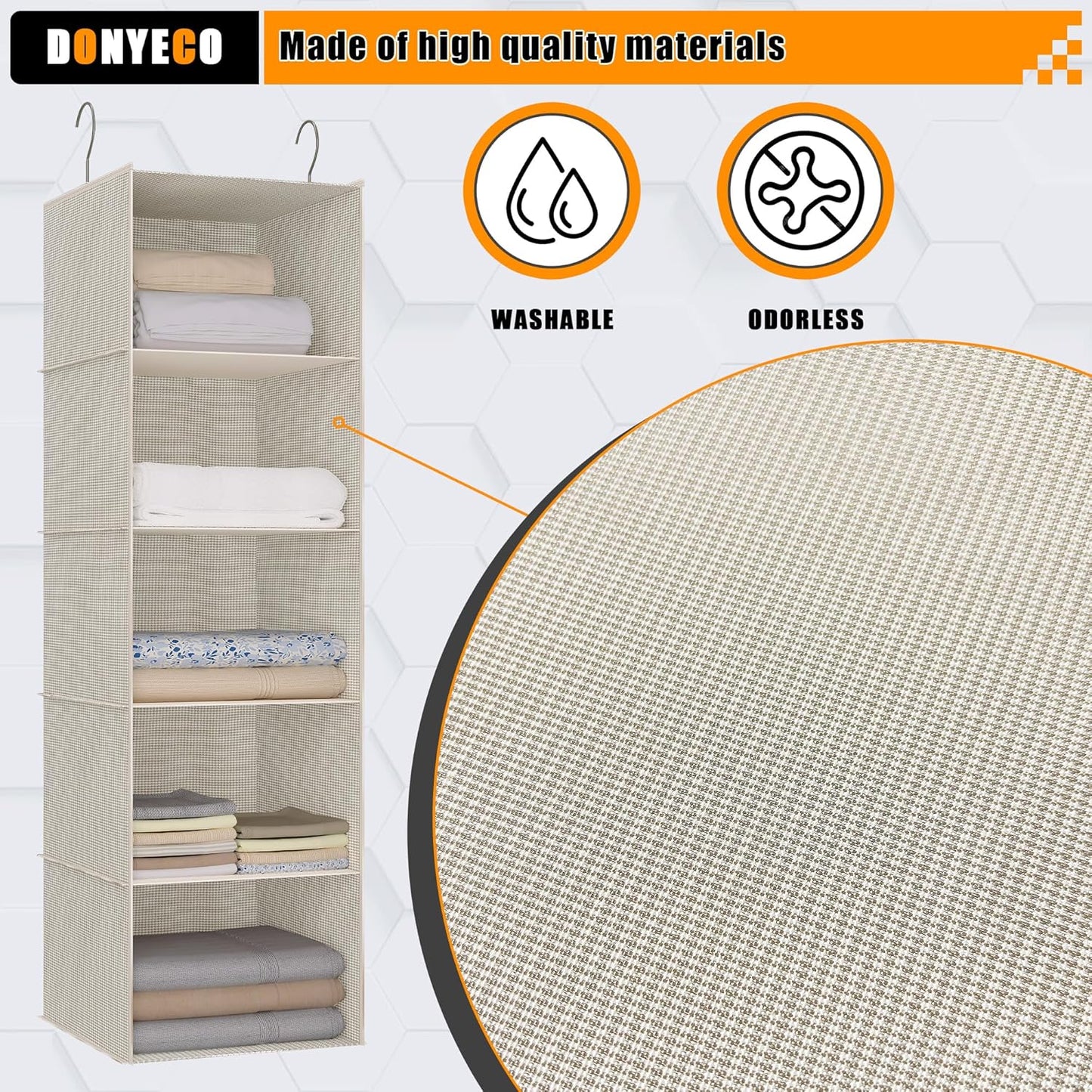 Hanging Closet Organizer, Easy Mount Foldable 5-Shelf Hanging Closet Wardrobe Storage Shelves, Clothes Handbag Shoes Accessories Storage, Imitation Linen Fabric, Beige Houndstooth