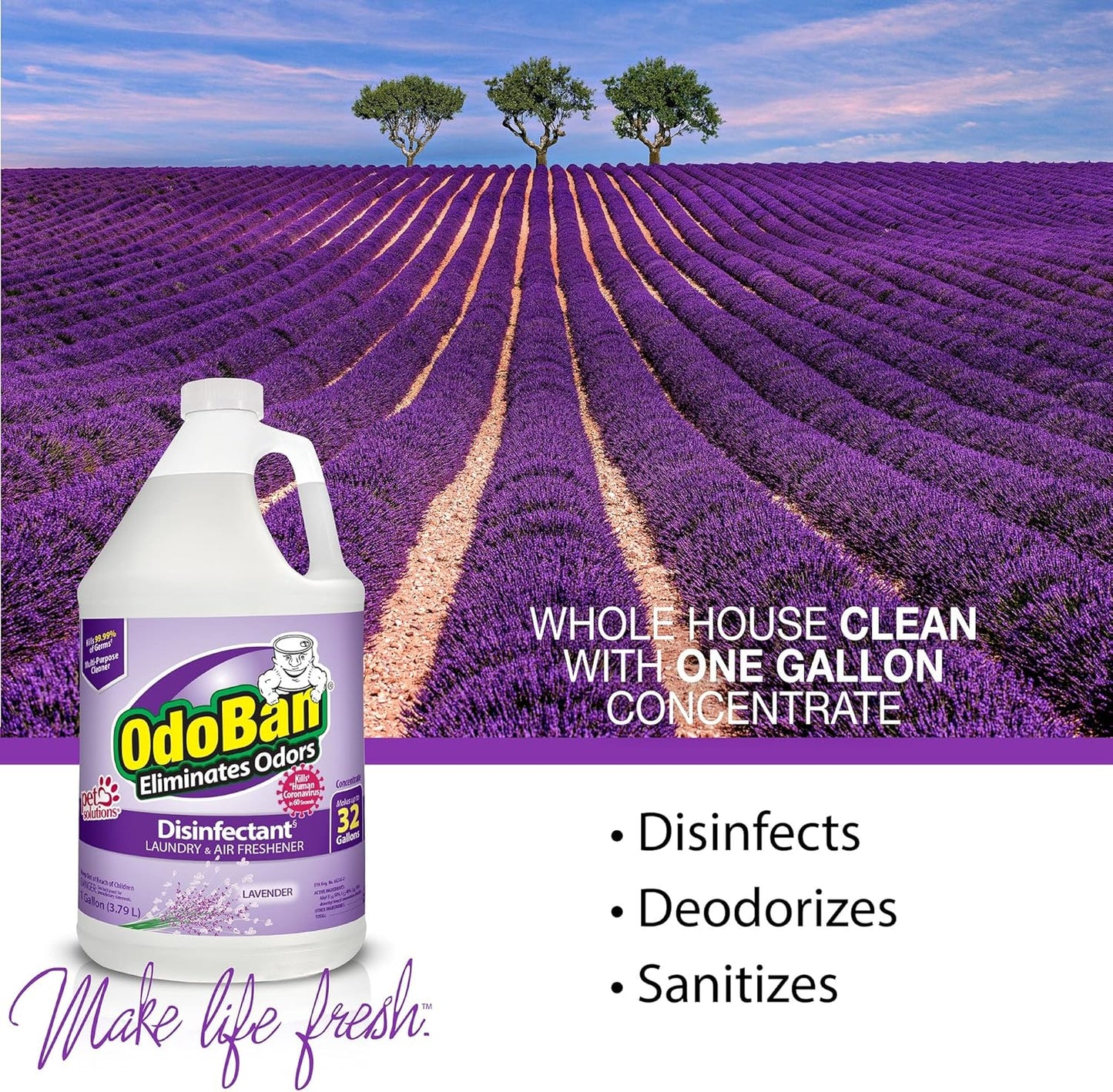OdoBan Ready-to-Use Disinfectant and Harsh Aroma Eliminator, Set of 2, 14.6 Ounce 360-Degree Continuous Spray Fabric/Air Freshener and 1 Gallon Multi-Purpose Cleaning Concentrate, Lavender Scent