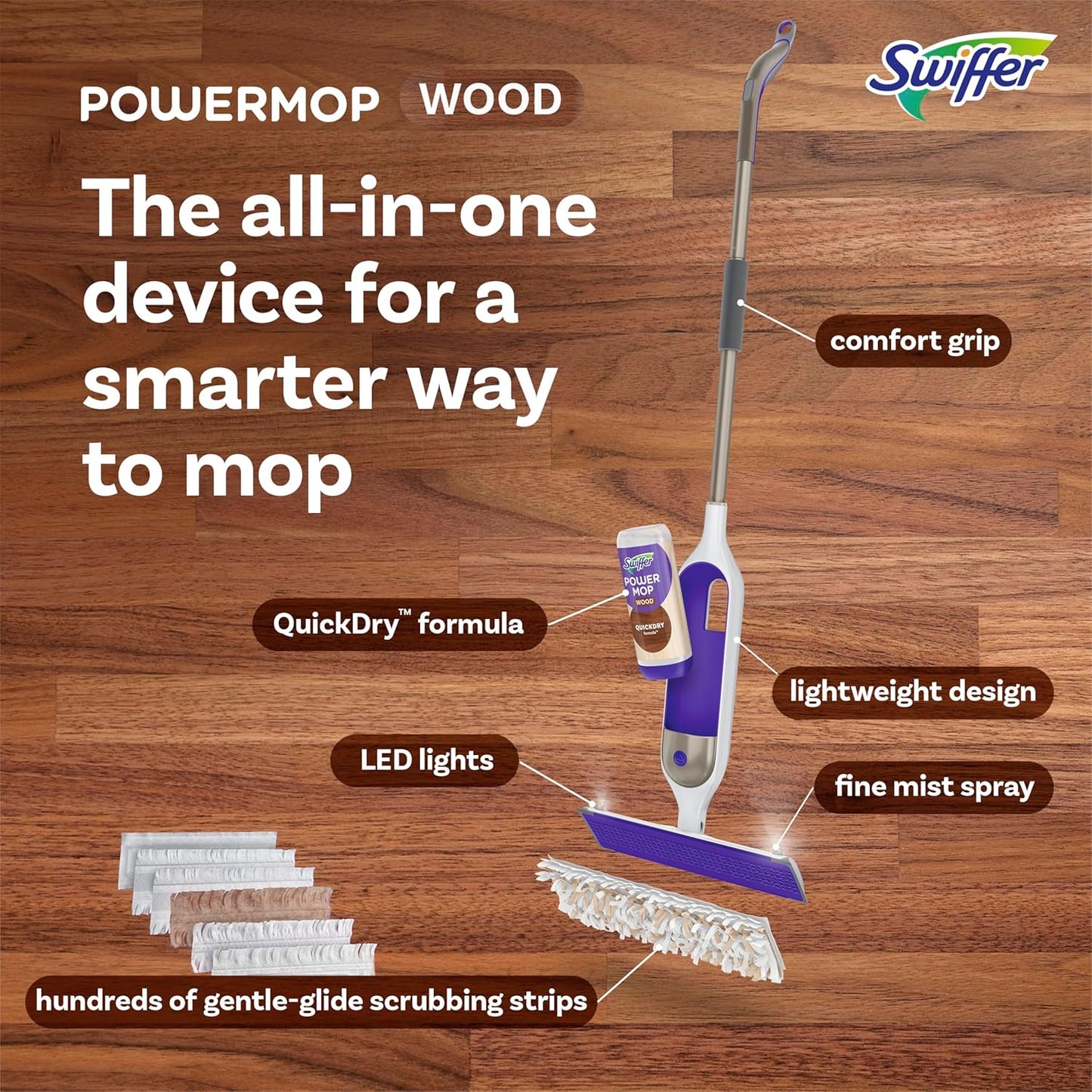 Swiffer Power Mop Wood, Hardwood Floor Cleaner for Mopping Home, Bathroom, Kitchen, All Purpose Multi-Surface Cleaning Set includes PowerMop Wood, 2 Pads, 1 QuickDry Lemon Solution, & 2 Batteries