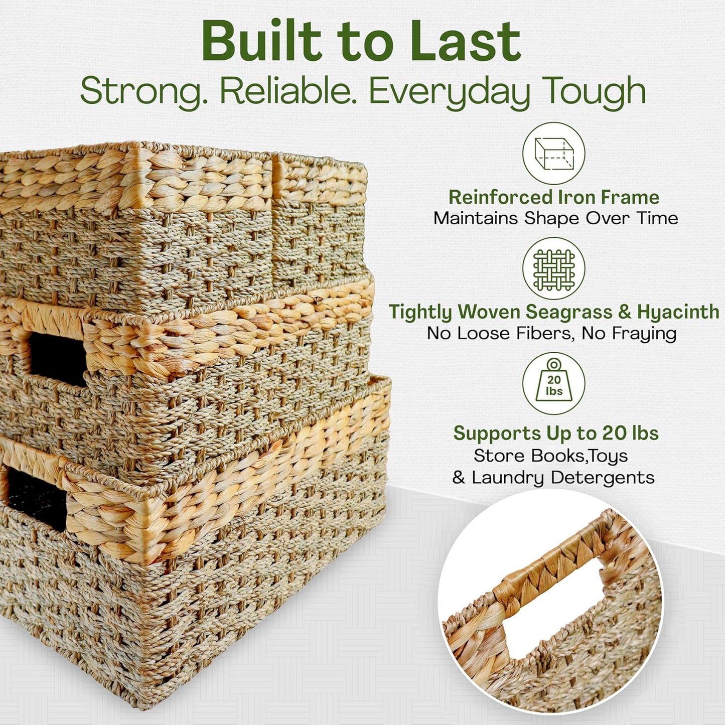 Seagrass and Hyacinth Nesting Wicker Basket, Multi-Size, 4 pack, Natural Woven Storage Baskets for Organizing Living Room, Shelves, Pantry