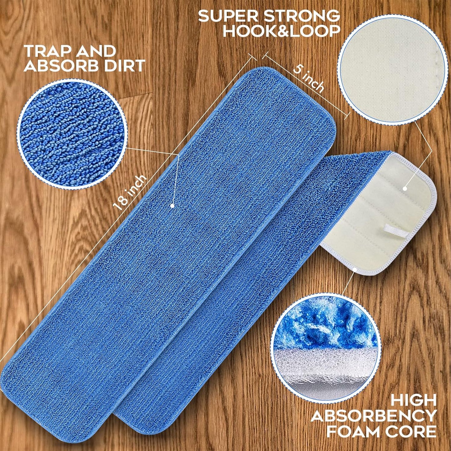 Matthew 18'' Microfiber Spray Mop Replacement Pads Heads for Wet Dry Reusable Mops Floor Home Commercial Cleaning Refills, Machine Washable Fits Compatible with Bona Mop&Most Spray Mops Blue (3 Pack)