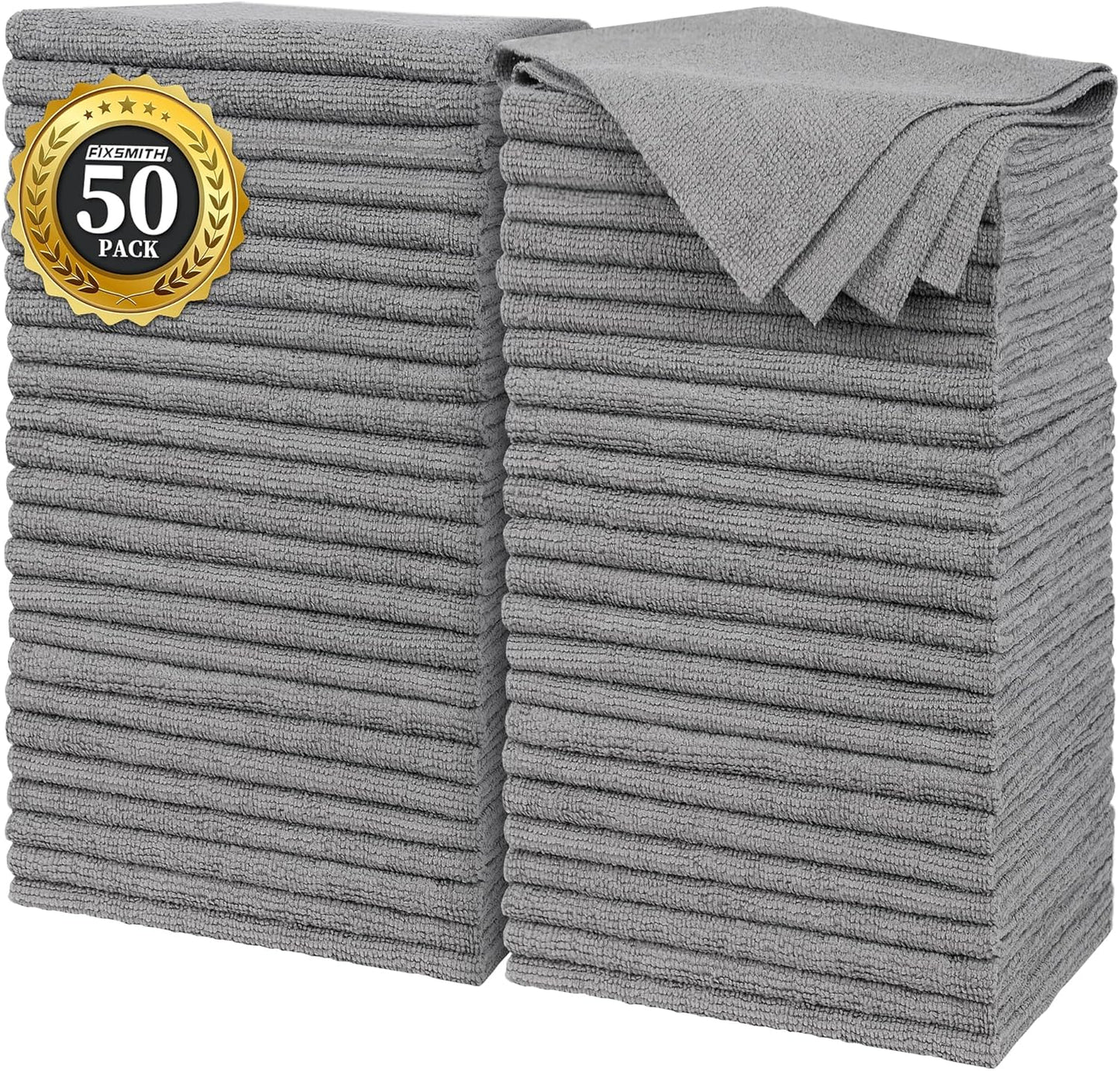 FIXSMITH Grey Microfiber Cleaning Cloth, Pack of 50, 16"X12" Cleaning Rags for Housekeeping and Kitchen, Reusable Shop Towels, Microfiber Towels for Cars, Lint Free, Scratch-Free, Highly Absorbent