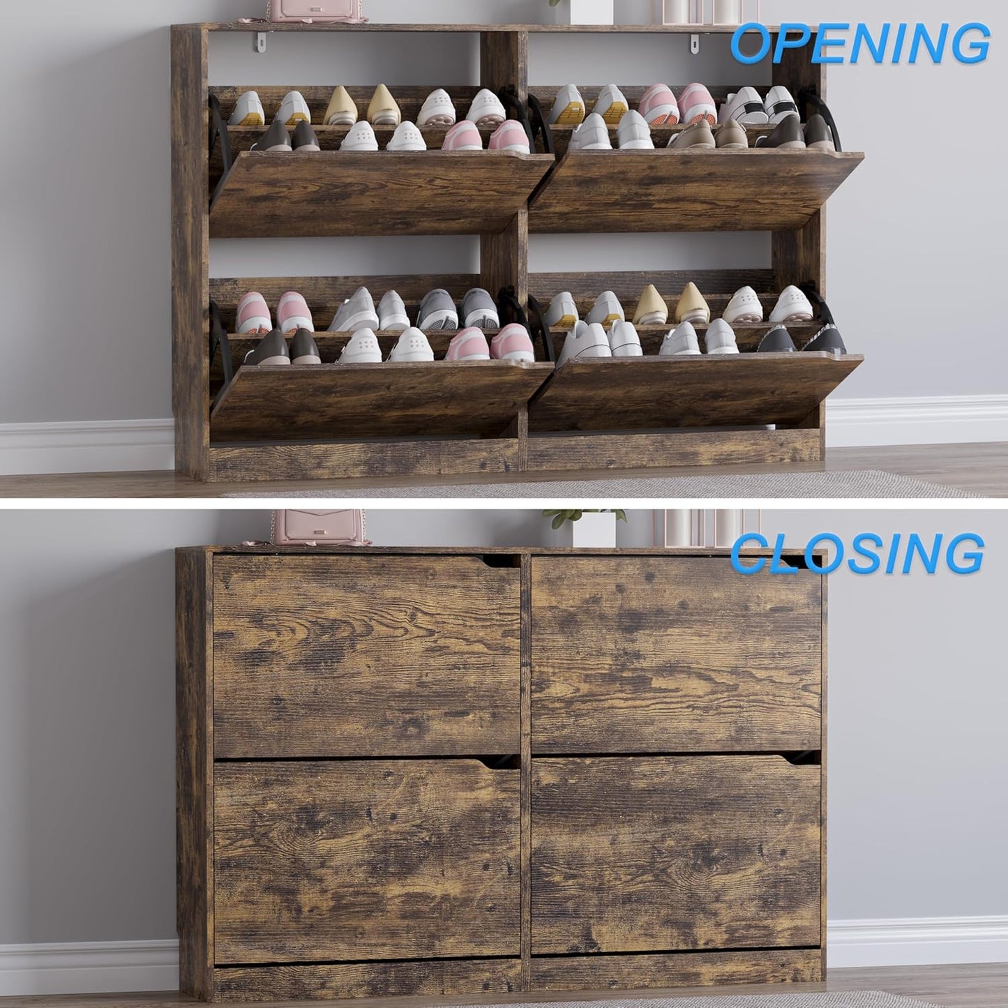 Shoe Cabinet with 4 Flip Drawers, Narrow Hidden Shoe Storage Cabinet, Slim Freestanding Shoe Rack Organizer for Entryway, Hallway, Bedroom, Living Room