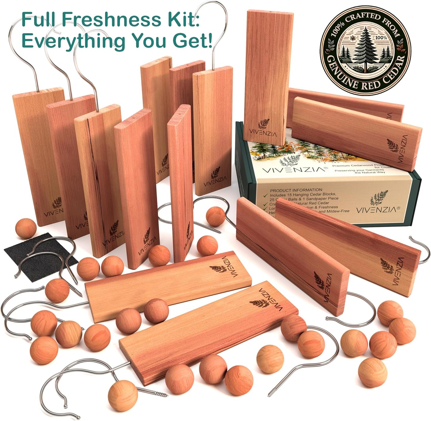 Cedar Blocks for Clothes Storage -40 pcs (15 Hang-ups & 25 Balls)- Cedar Balls for Clothes Storage, Natural Closet Smell Eliminator, Natural Closet Deodorizer, Drawer Fresheners for Dresser.
