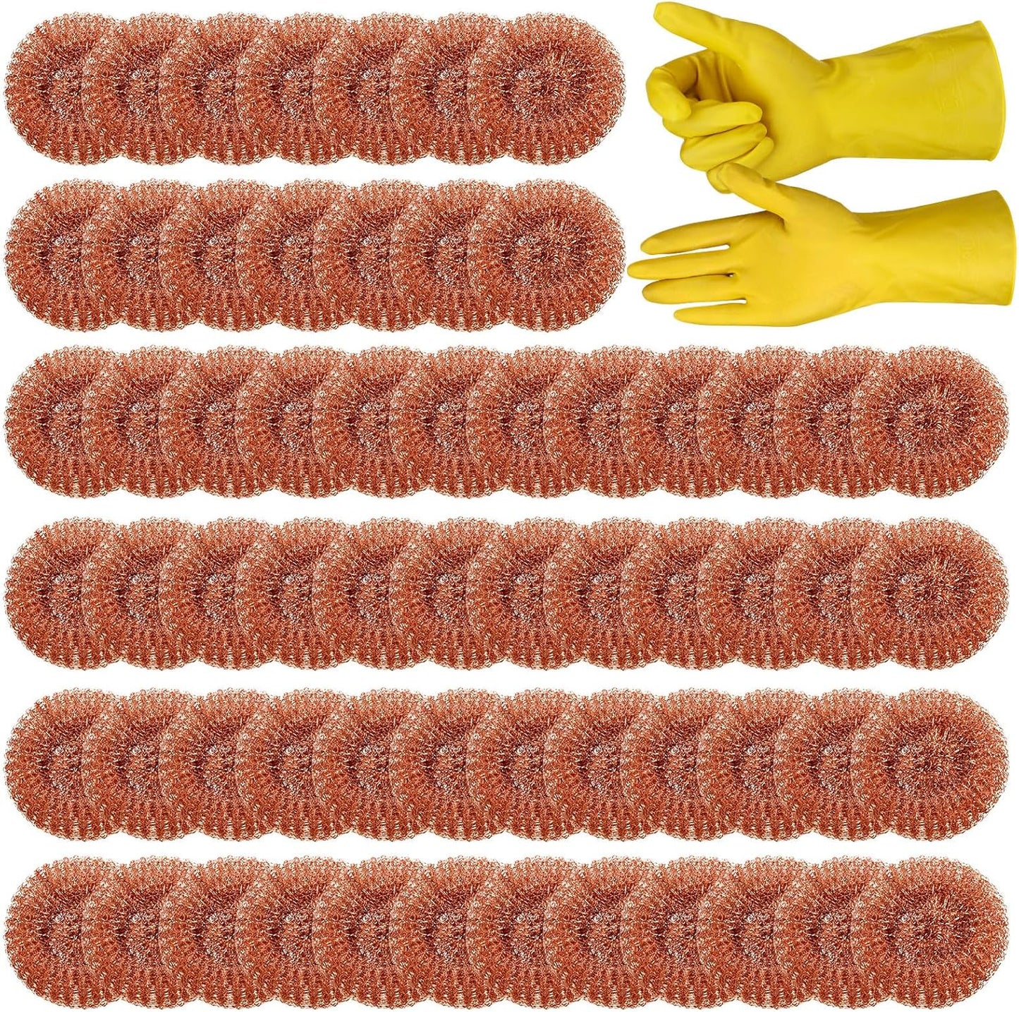 Hushee 50 Pack Copper Coated Scourers Rust Resistant Scrubbing Scouring Pad with 1 Pair of Rubber Household Cleaning Gloves Heavy Duty Copper Mesh Scourer for Dishes, Pots, Pans, and Ovens