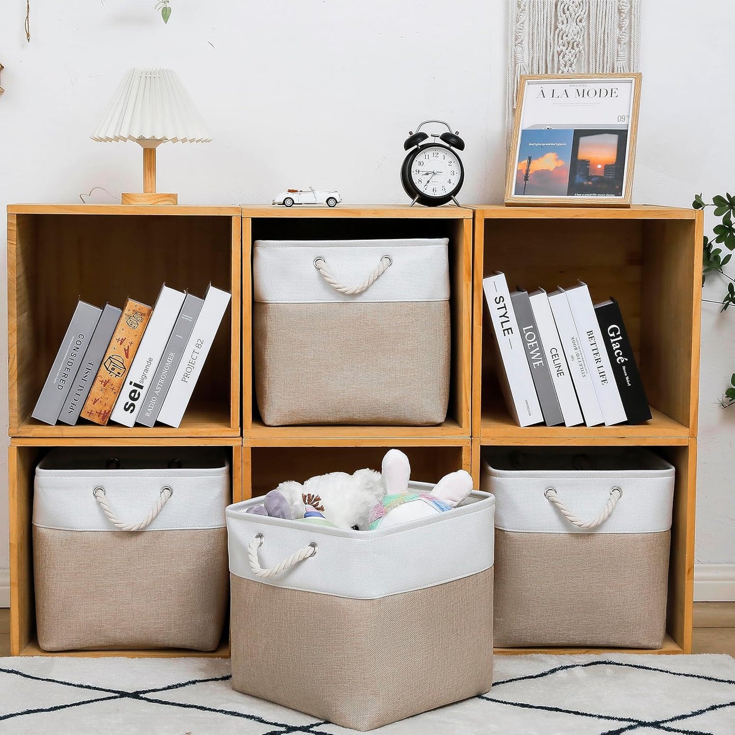 13 x 13 Inch Cube Storage Bins, 4 Pack Large Collapsible Fabric Storage Bin with Ropes, Foldable Storage Cubes for Home, Office,Closet, Clothes, Toys Organizer (White & Beige)