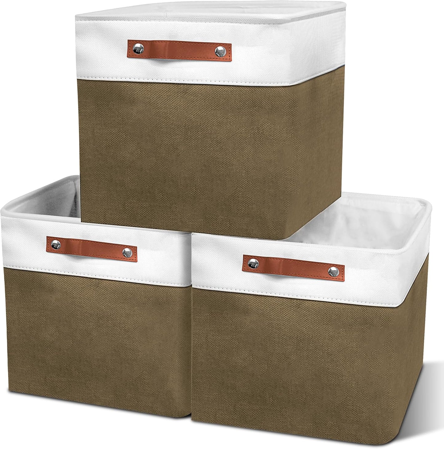 11in Open Fabric Storage Basket with Leather Handles for Organizing, Collapsible Linen Closet Bins for Shelves, Closets, Laundry, Decorative Basket for Gifts. (White＆Brown, 3PCS/11x11in)