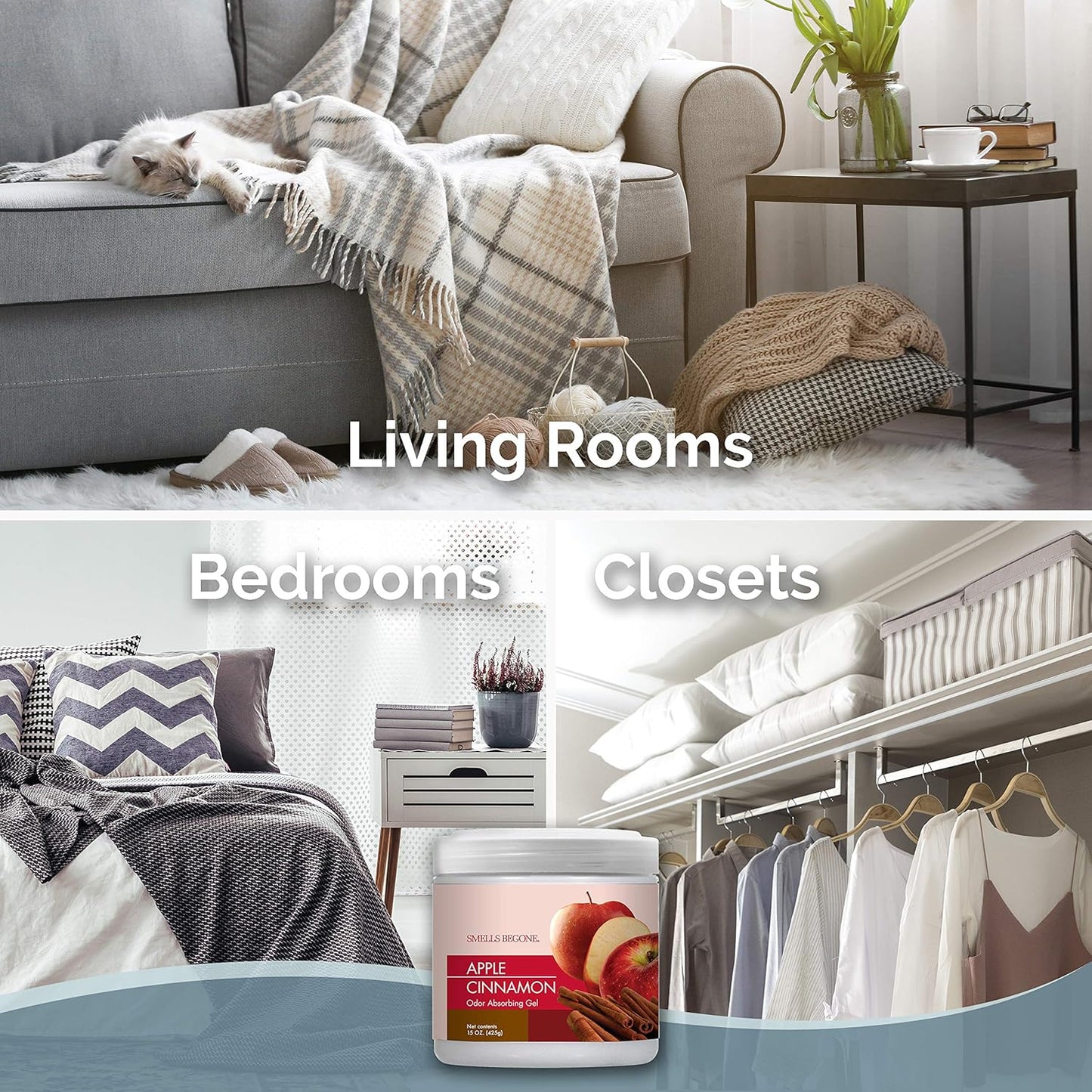 SMELLS BEGONE Air Freshener Odor Absorber Gel - 15 oz, Pack of 2 - Absorbs and Eliminates Odor in Pet Areas, Bathrooms, Cars, & Boats - Made with Essential Oils - Apple Cinnamon Scent