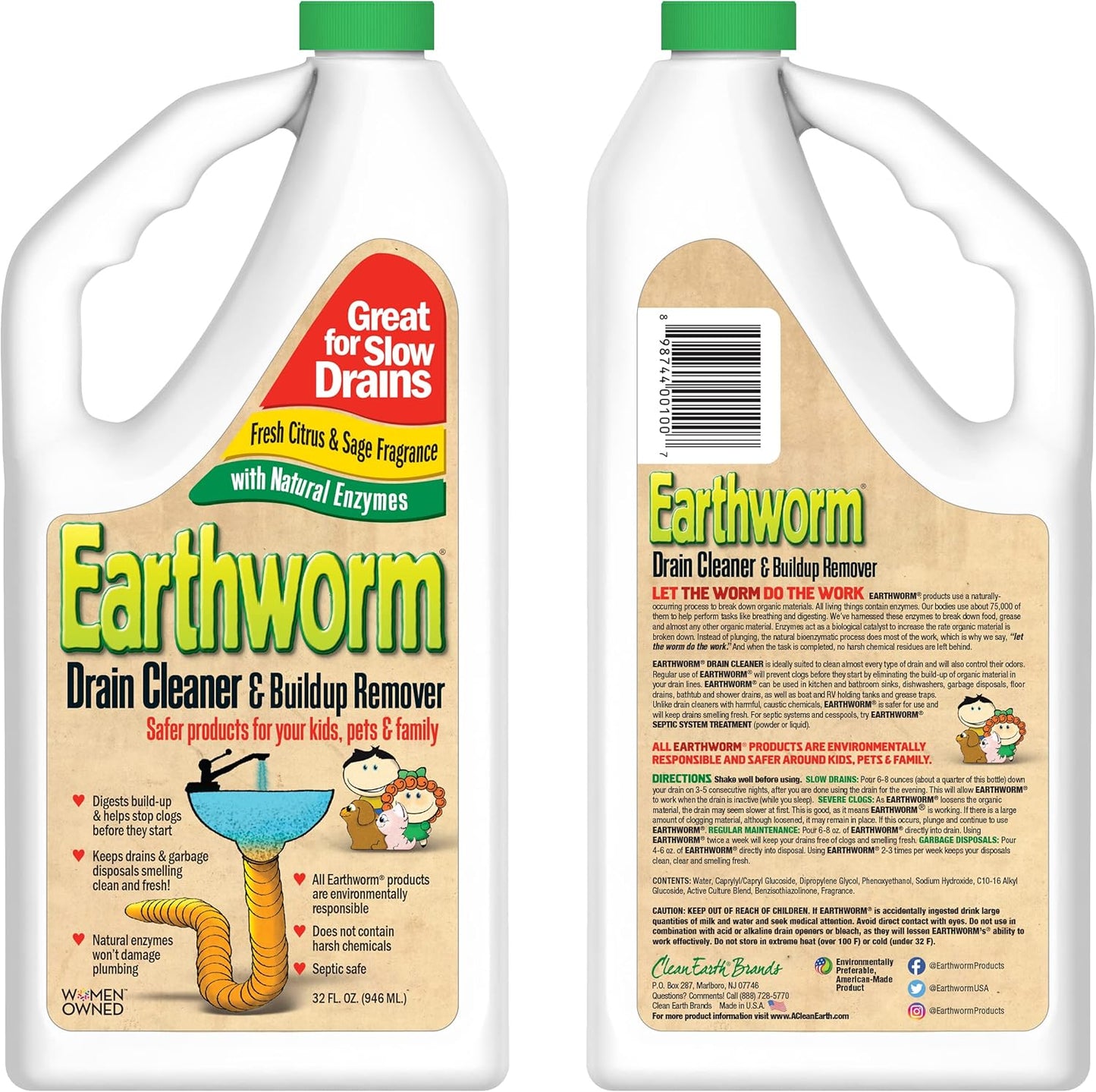 Earthworm Drain Cleaner - Drain Deodorizer - Natural and Safer for Families - Six (6) 32 oz Bottles