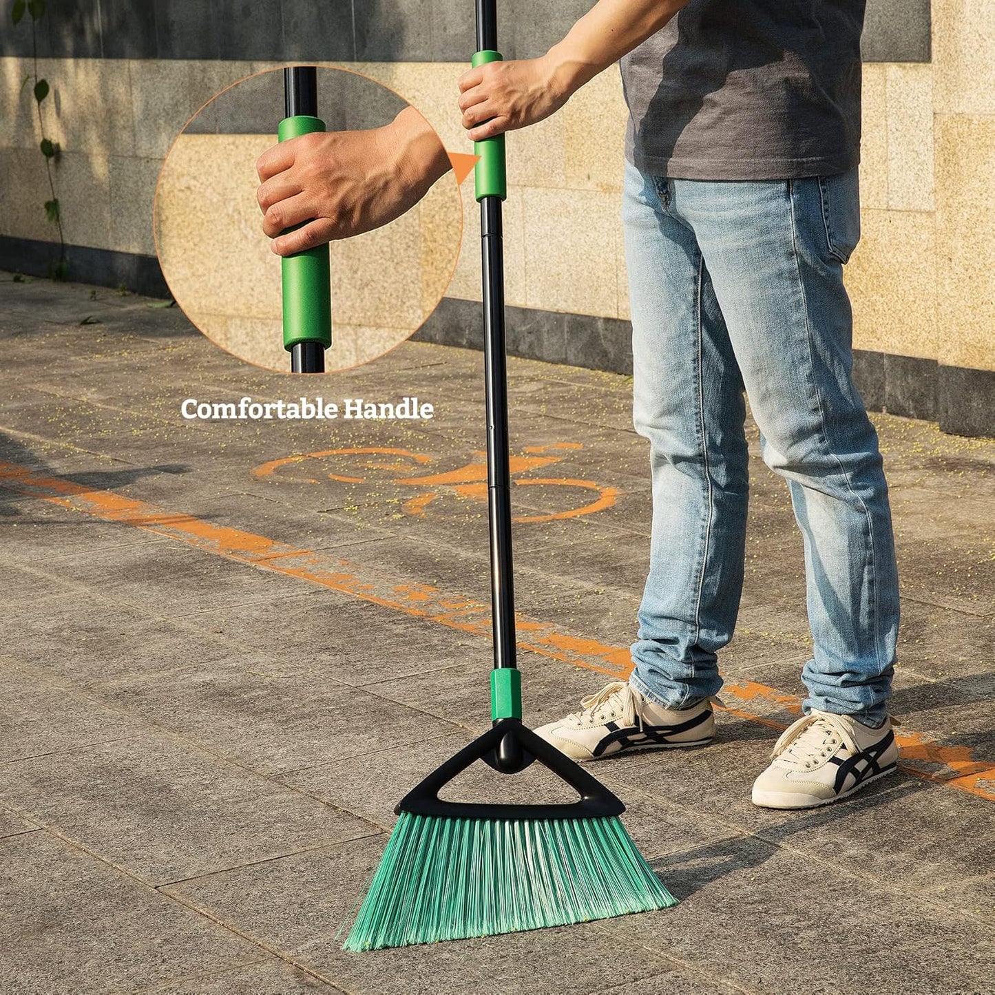 Eyliden Broom, Angle Broom with 57" Long Handle | Fit Heavy-Duty Cleaning, Also Works Well Fine Dust | Commercial Outdoor Indoor Sweeper for Courtyard Sidewalk Deck Kitchen Lobby Garage, Green