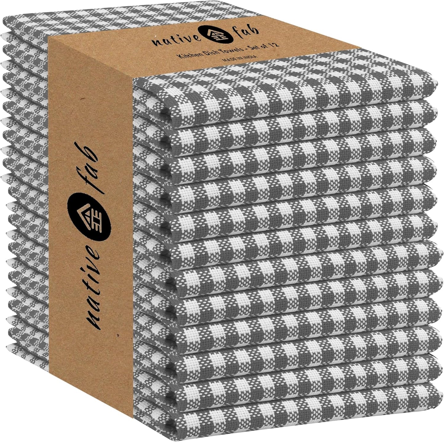 Native Fab 12 Pack Gingham Mini Check Kitchen Dish Towel Cotton Durable Washable 16"x26" - Tea Towels, Soft Absorbent Wash Cloths, Multi Purpose Towels with Hanging Loop - Grey White