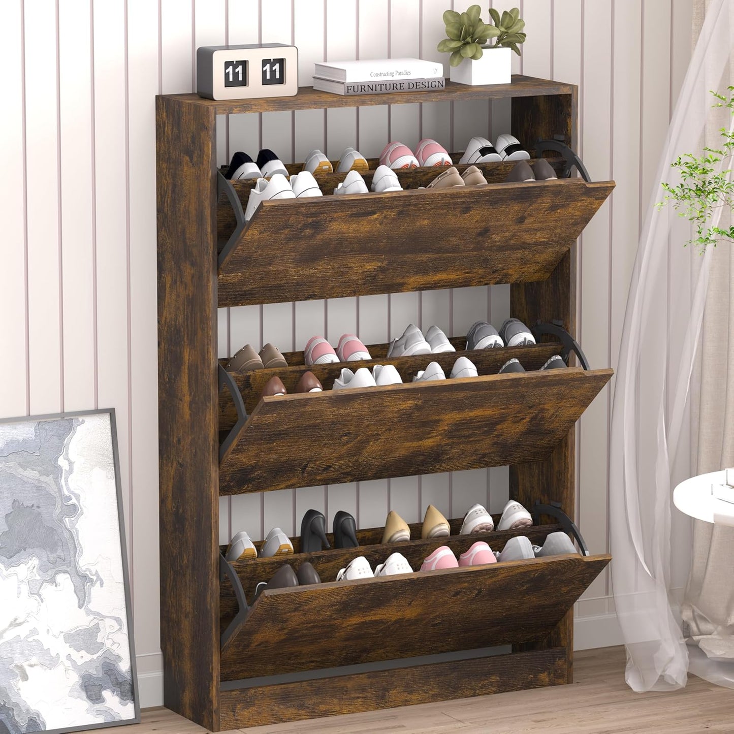 Shoe Cabinet with 3 Flip Drawers, Hidden Wood Shoe Cabinet,Freestanding Shoe Storage Cabinet for Entryway Hallway