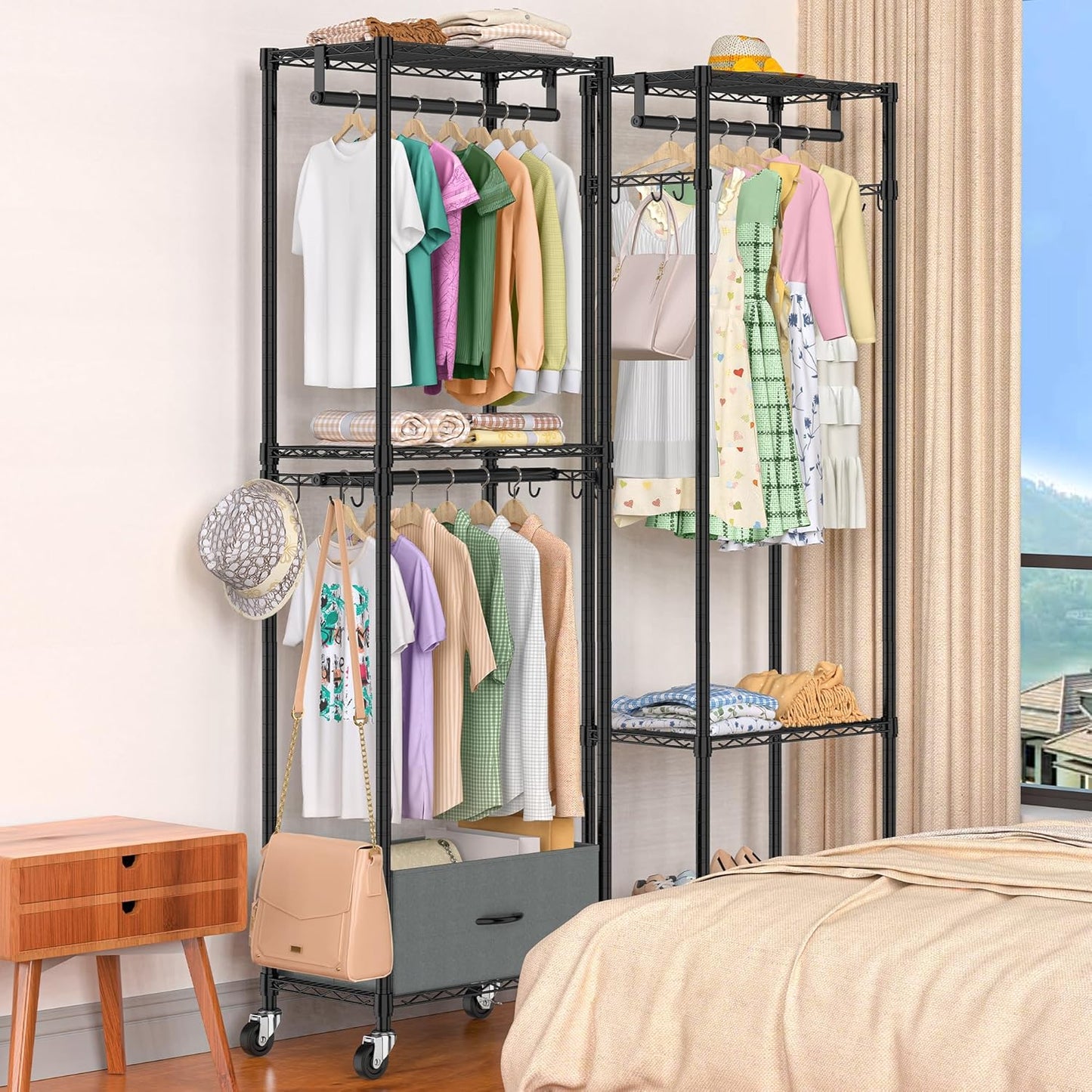 Clothes Rack with Drawers, Freestanding Rolling Garment Rack for Hanging Clothes, Closet Organizer Adjustable Metal Wire Shelving Wardrobe with Rods Portable Closet Shelf with Wheels, Black