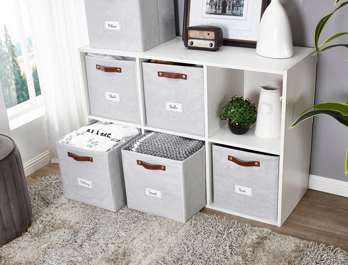 DECOMOMO Storage Cubes, 13x13x13 Storage Cube Bins with Labels, Fabric Organizer Bins (13" / 6pcs, Light Texture Grey)