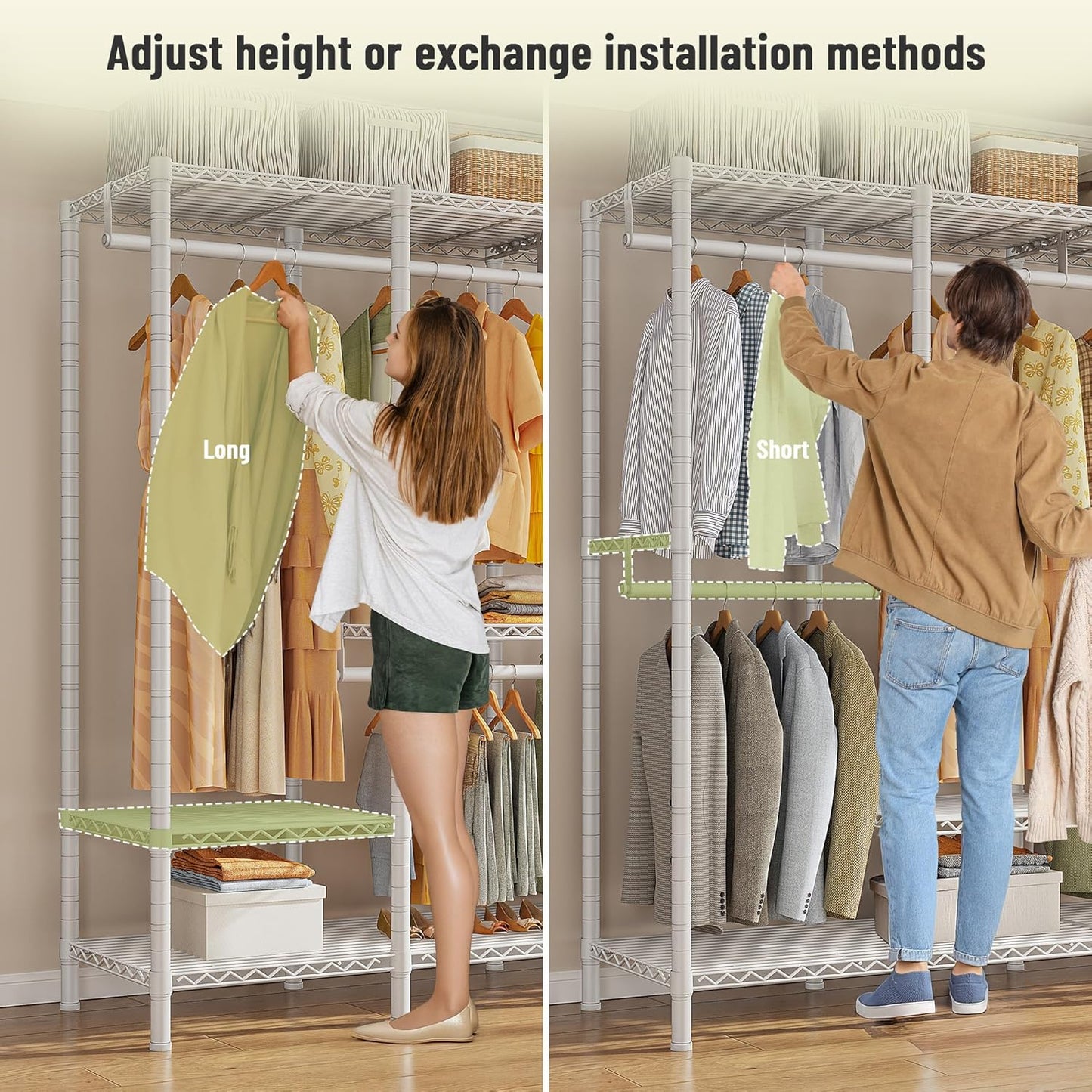 Raybee Heavy Duty Clothes Rack for Hanging Clothes,Clothing Rack with Shelves, Adjustable,76" W x 77" H x 18" D,Max Load 1150lbs,White