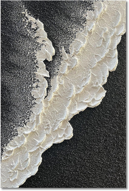 NANKAI Handcrafted Thick Texture Black and White Abstract Canvas Art Ocean Wave Beach Landscape Oil Painting Home Wall Art Deco Oil Painting 24X36 Inches